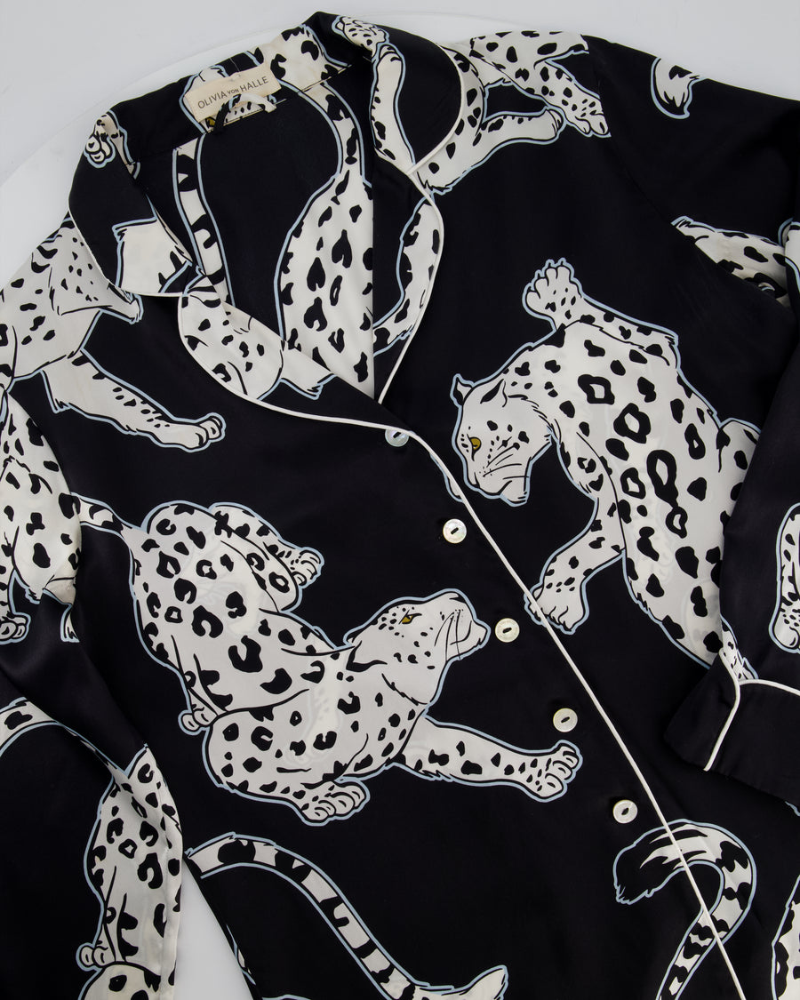 Olivia Von Halle Black & White Leopard Pattern Two-Piece Shirt and Trouser Set Size M (UK 10)