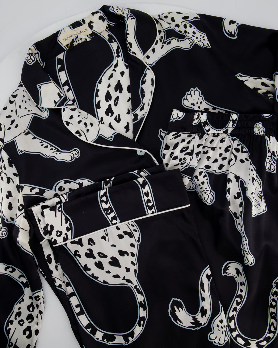 Olivia Von Halle Black & White Leopard Pattern Two-Piece Shirt and Trouser Set Size M (UK 10)