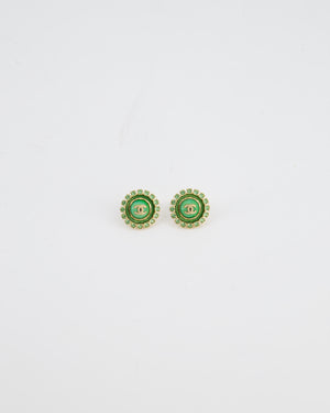 Chanel Green & Gold 24A Stud Earrings with Crystals and Gold CC Logo
