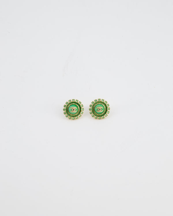 Chanel Green & Gold 24A Stud Earrings with Crystals and Gold CC Logo