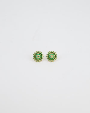 Chanel Green & Gold 24A Stud Earrings with Crystals and Gold CC Logo