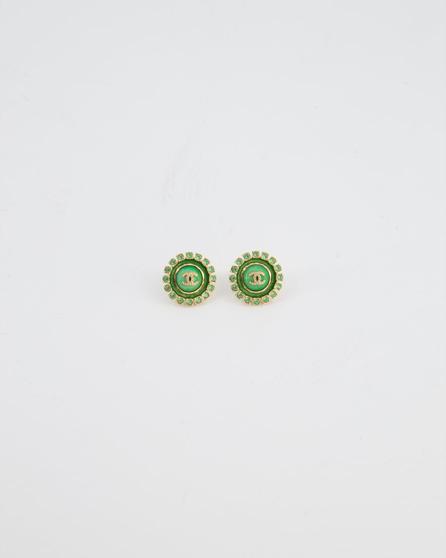 Chanel Green & Gold 24A Stud Earrings with Crystals and Gold CC Logo