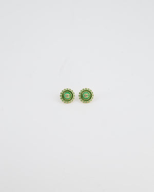 Chanel Green & Gold 24A Stud Earrings with Crystals and Gold CC Logo