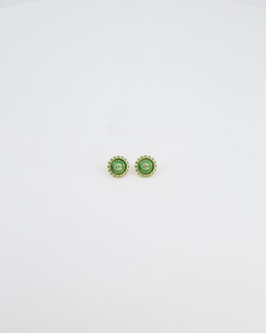 Chanel Green & Gold 24A Stud Earrings with Crystals and Gold CC Logo