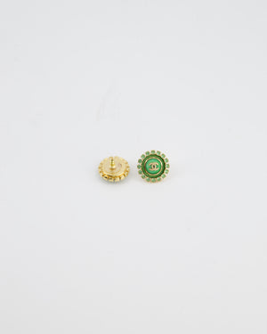 Chanel Green & Gold 24A Stud Earrings with Crystals and Gold CC Logo