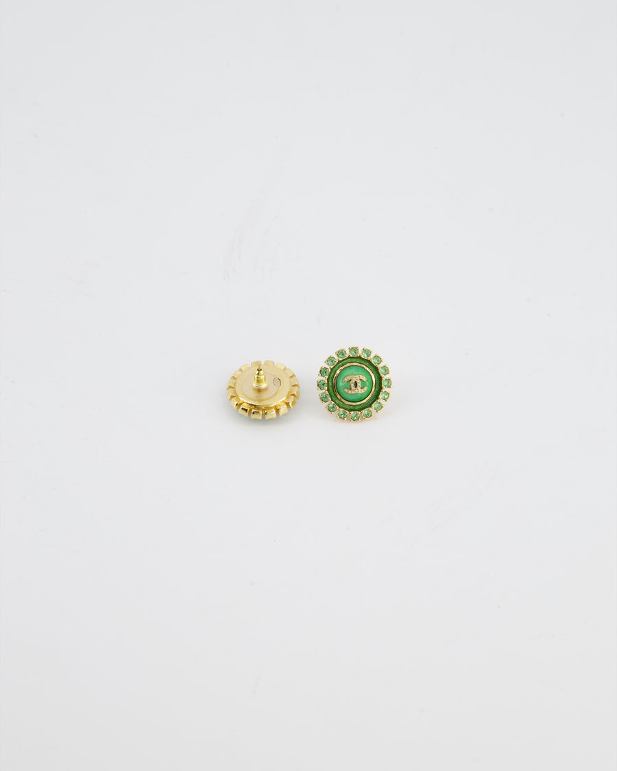 Chanel Green & Gold 24A Stud Earrings with Crystals and Gold CC Logo