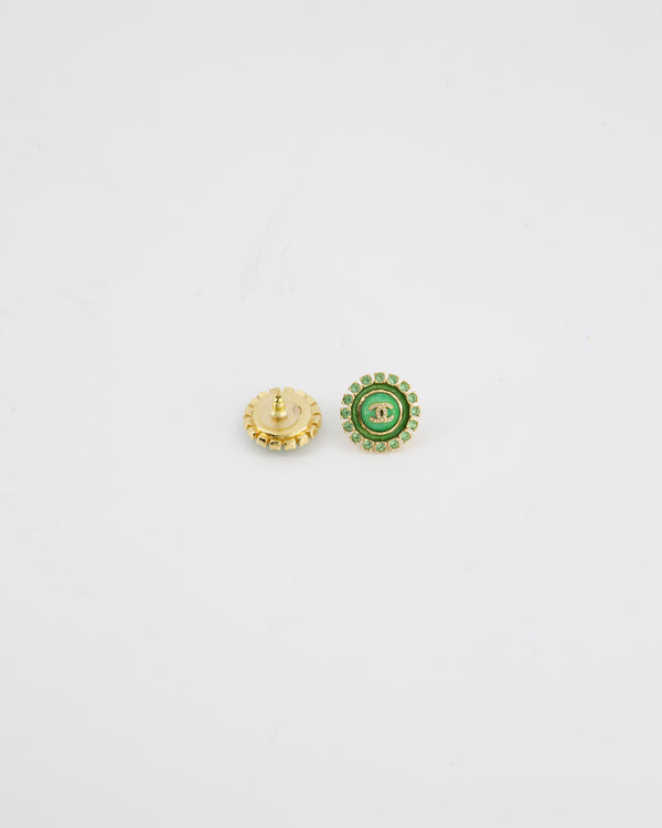 Chanel Green & Gold 24A Stud Earrings with Crystals and Gold CC Logo