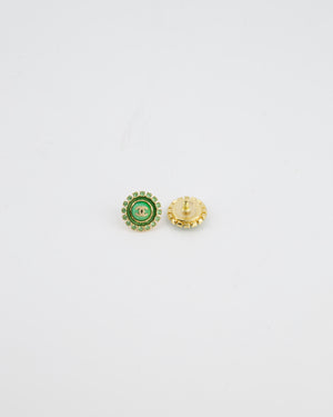 Chanel Green & Gold 24A Stud Earrings with Crystals and Gold CC Logo