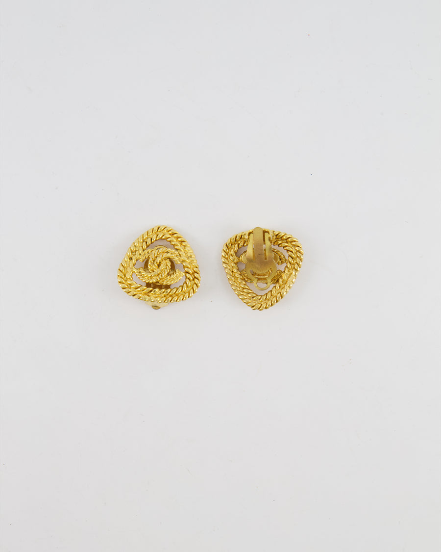 Chanel Vintage Gold Cabled Triangle Clip On Earrings with CC Logo Detail