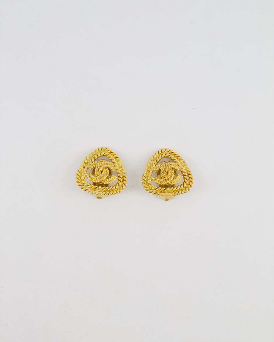 Chanel Vintage Gold Cabled Triangle Clip On Earrings with CC Logo Detail