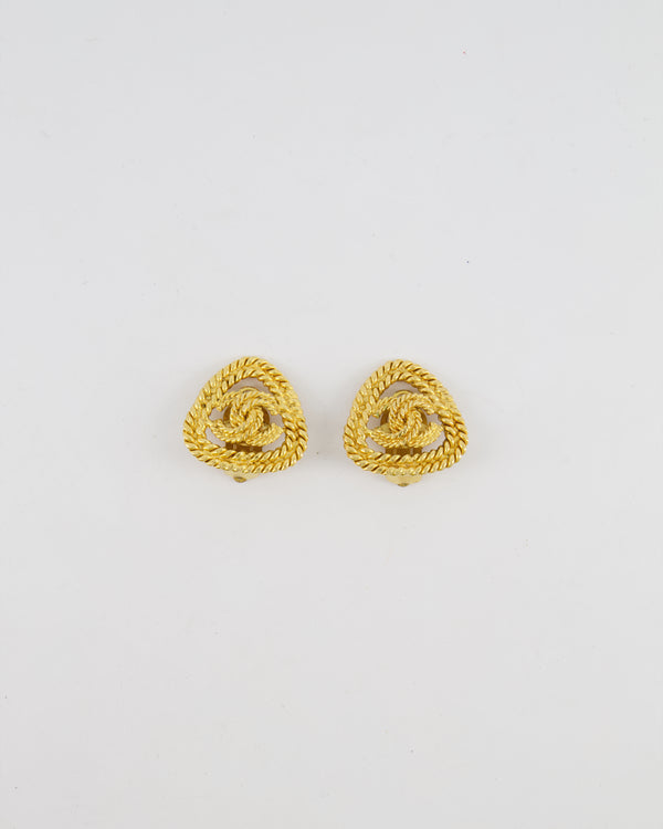 Chanel Vintage Gold Cabled Triangle Clip On Earrings with CC Logo Detail