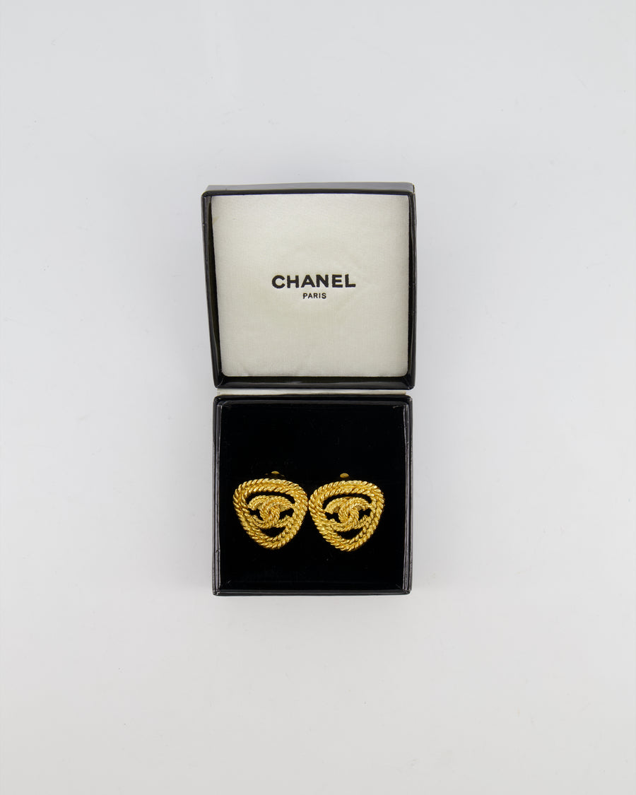 Chanel Vintage Gold Cabled Triangle Clip On Earrings with CC Logo Detail