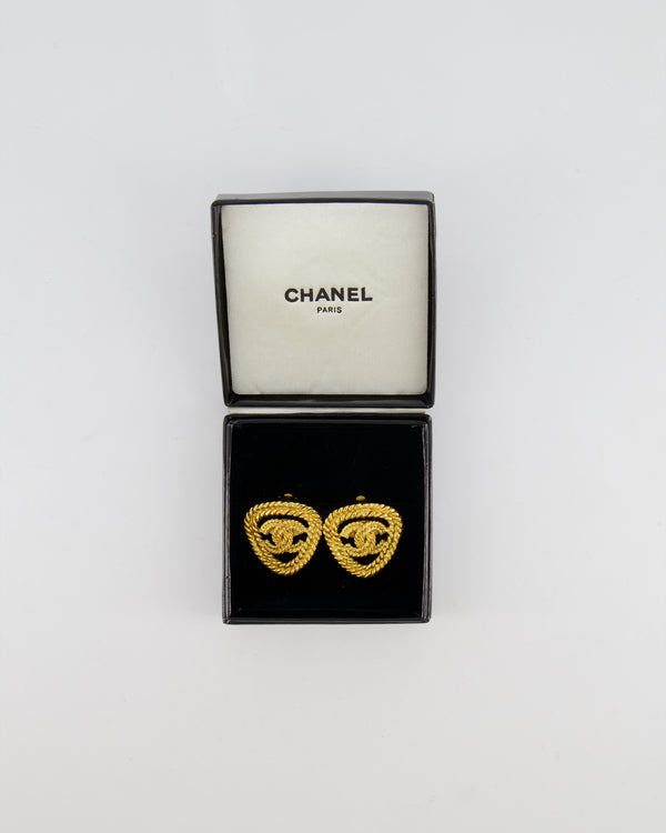 Chanel Vintage Gold Cabled Triangle Clip On Earrings with CC Logo Detail
