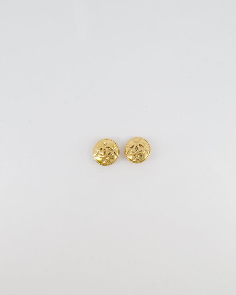 Chanel Vintage Gold Round Earrings with Quilted Pattern Detail and CC Logo