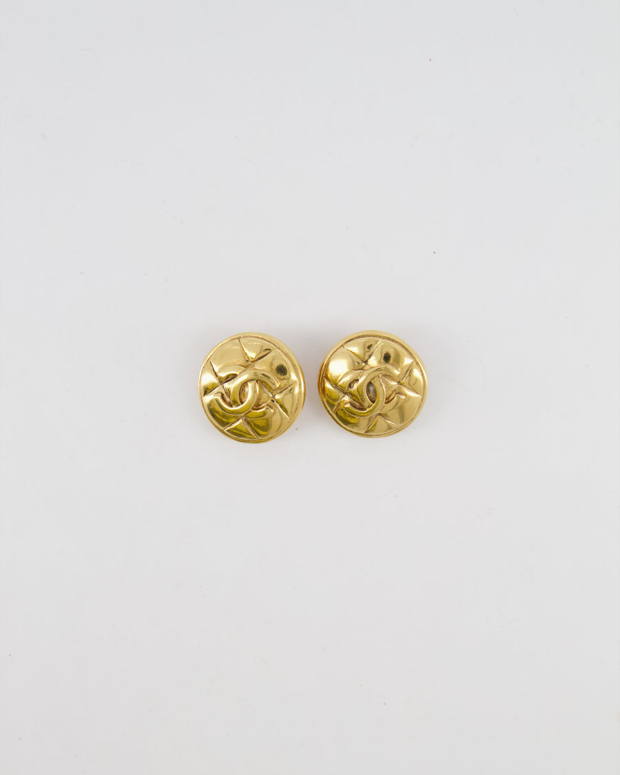 Chanel Vintage Gold Round Earrings with Quilted Pattern Detail and CC Logo