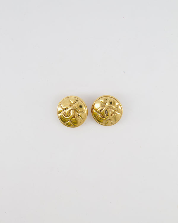 Chanel Vintage Gold Round Earrings with Quilted Pattern Detail and CC Logo