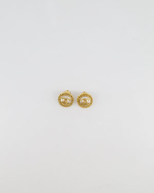 Chanel Vintage 94A Mother of Pearl and Gold Clip on Earrings with Rouched Border Detail and CC Logo