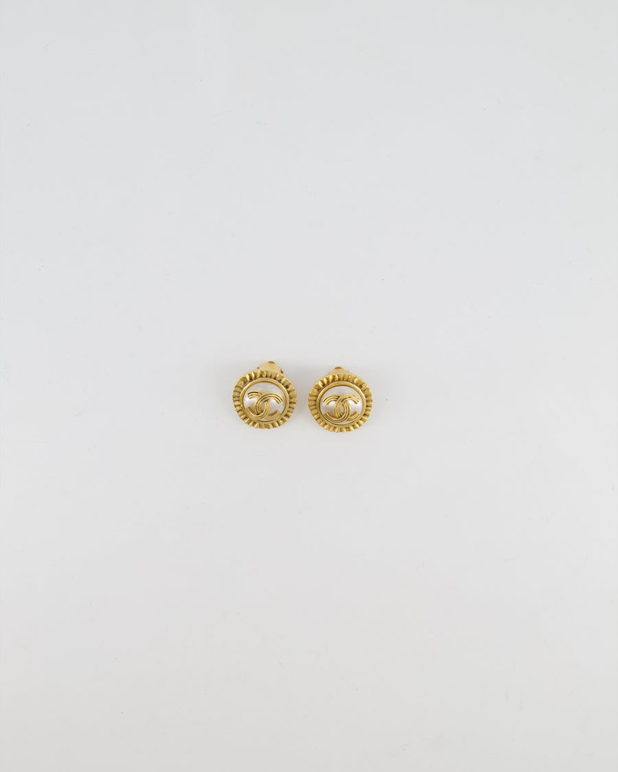 Chanel Vintage 94A Mother of Pearl and Gold Clip on Earrings with Rouched Border Detail and CC Logo