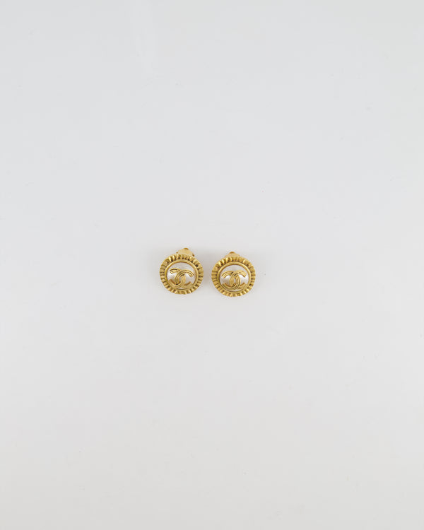 Chanel Vintage 94A Mother of Pearl and Gold Clip on Earrings with Rouched Border Detail and CC Logo