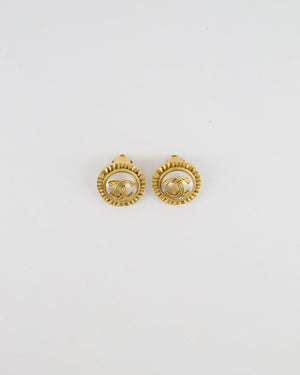 Chanel Vintage 94A Mother of Pearl and Gold Clip on Earrings with Rouched Border Detail and CC Logo