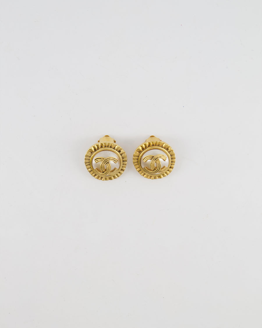 Chanel Vintage 94A Mother of Pearl and Gold Clip on Earrings with Rouched Border Detail and CC Logo