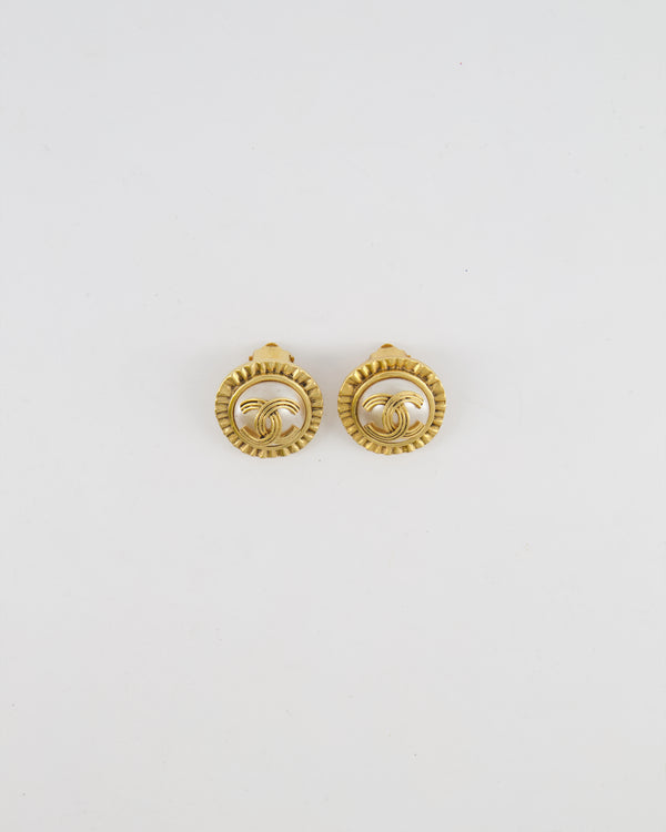 Chanel Vintage 94A Mother of Pearl and Gold Clip on Earrings with Rouched Border Detail and CC Logo