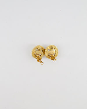 Chanel Vintage 94A Mother of Pearl and Gold Clip on Earrings with Rouched Border Detail and CC Logo