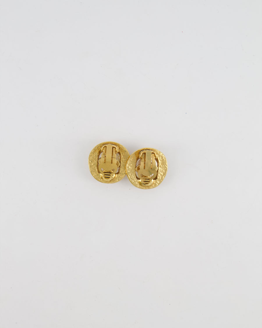 Chanel Vintage 94A Mother of Pearl and Gold Clip on Earrings with Rouched Border Detail and CC Logo