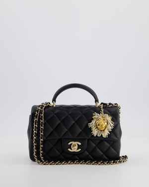 Chanel Black Mini Rectangular Top Handle Flap Bag in Lambskin Leather with Champagne Hardware and Pearl Crystal Lion Charm