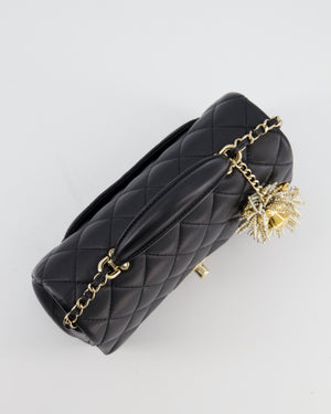 Chanel Black Mini Rectangular Top Handle Flap Bag in Lambskin Leather with Champagne Hardware and Pearl Crystal Lion Charm