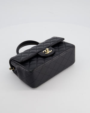 Chanel Black Mini Rectangular Top Handle Flap Bag in Lambskin Leather with Champagne Hardware and Pearl Crystal Lion Charm