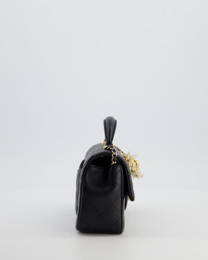 Chanel Black Mini Rectangular Top Handle Flap Bag in Lambskin Leather with Champagne Hardware and Pearl Crystal Lion Charm