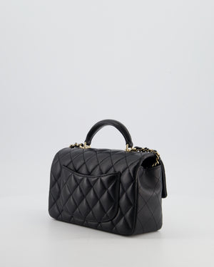 Chanel Black Mini Rectangular Top Handle Flap Bag in Lambskin Leather with Champagne Hardware and Pearl Crystal Lion Charm