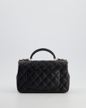 Chanel Black Mini Rectangular Top Handle Flap Bag in Lambskin Leather with Champagne Hardware and Pearl Crystal Lion Charm