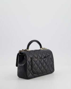 Chanel Black Mini Rectangular Top Handle Flap Bag in Lambskin Leather with Champagne Hardware and Pearl Crystal Lion Charm