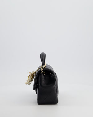 Chanel Black Mini Rectangular Top Handle Flap Bag in Lambskin Leather with Champagne Hardware and Pearl Crystal Lion Charm