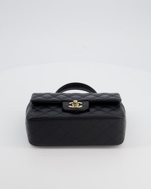 Chanel Black Mini Rectangular Top Handle Flap Bag in Lambskin Leather with Champagne Hardware and Pearl Crystal Lion Charm