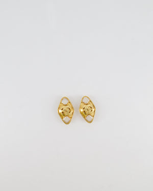 Chanel Vintage 95P Gold Rhombus Shaped Clip on Earrings with Mother of Pearl and CC Logo