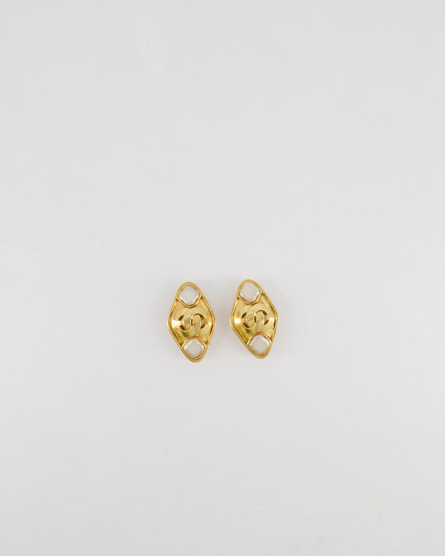 Chanel Vintage 95P Gold Rhombus Shaped Clip on Earrings with Mother of Pearl and CC Logo