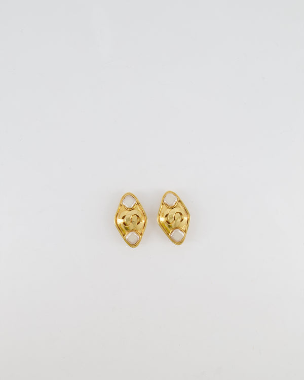 Chanel Vintage 95P Gold Rhombus Shaped Clip on Earrings with Mother of Pearl and CC Logo