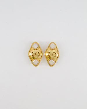 Chanel Vintage 95P Gold Rhombus Shaped Clip on Earrings with Mother of Pearl and CC Logo