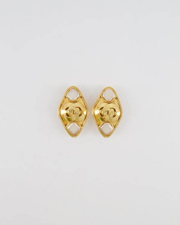Chanel Vintage 95P Gold Rhombus Shaped Clip on Earrings with Mother of Pearl and CC Logo