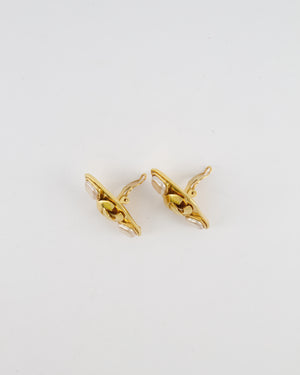 Chanel Vintage 95P Gold Rhombus Shaped Clip on Earrings with Mother of Pearl and CC Logo