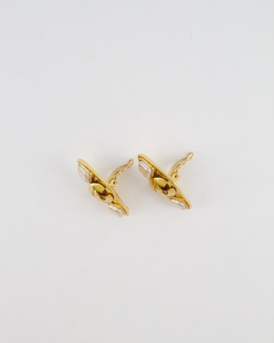 Chanel Vintage 95P Gold Rhombus Shaped Clip on Earrings with Mother of Pearl and CC Logo