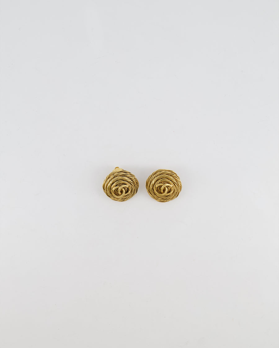 Chanel Vintage 94A Gold Round Cabled Spiral Clip on Earrings with CC Logo Detail