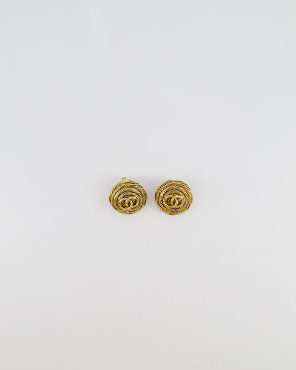 Chanel Vintage 94A Gold Round Cabled Spiral Clip on Earrings with CC Logo Detail