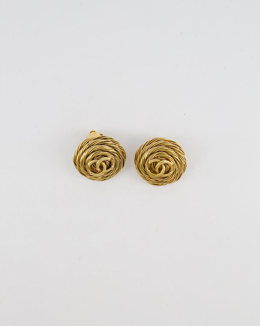 Chanel Vintage 94A Gold Round Cabled Spiral Clip on Earrings with CC Logo Detail