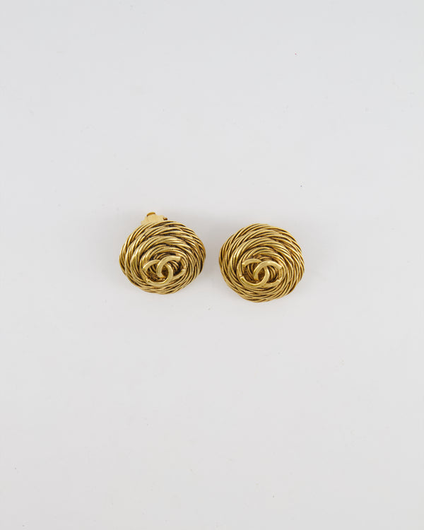 Chanel Vintage 94A Gold Round Cabled Spiral Clip on Earrings with CC Logo Detail