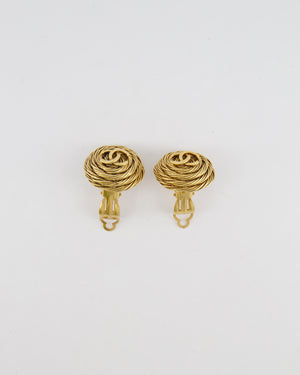 Chanel Vintage 94A Gold Round Cabled Spiral Clip on Earrings with CC Logo Detail