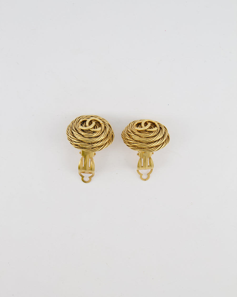 Chanel Vintage 94A Gold Round Cabled Spiral Clip on Earrings with CC Logo Detail
